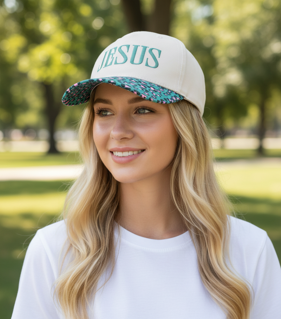 JESUS Hat - Teal Leopard