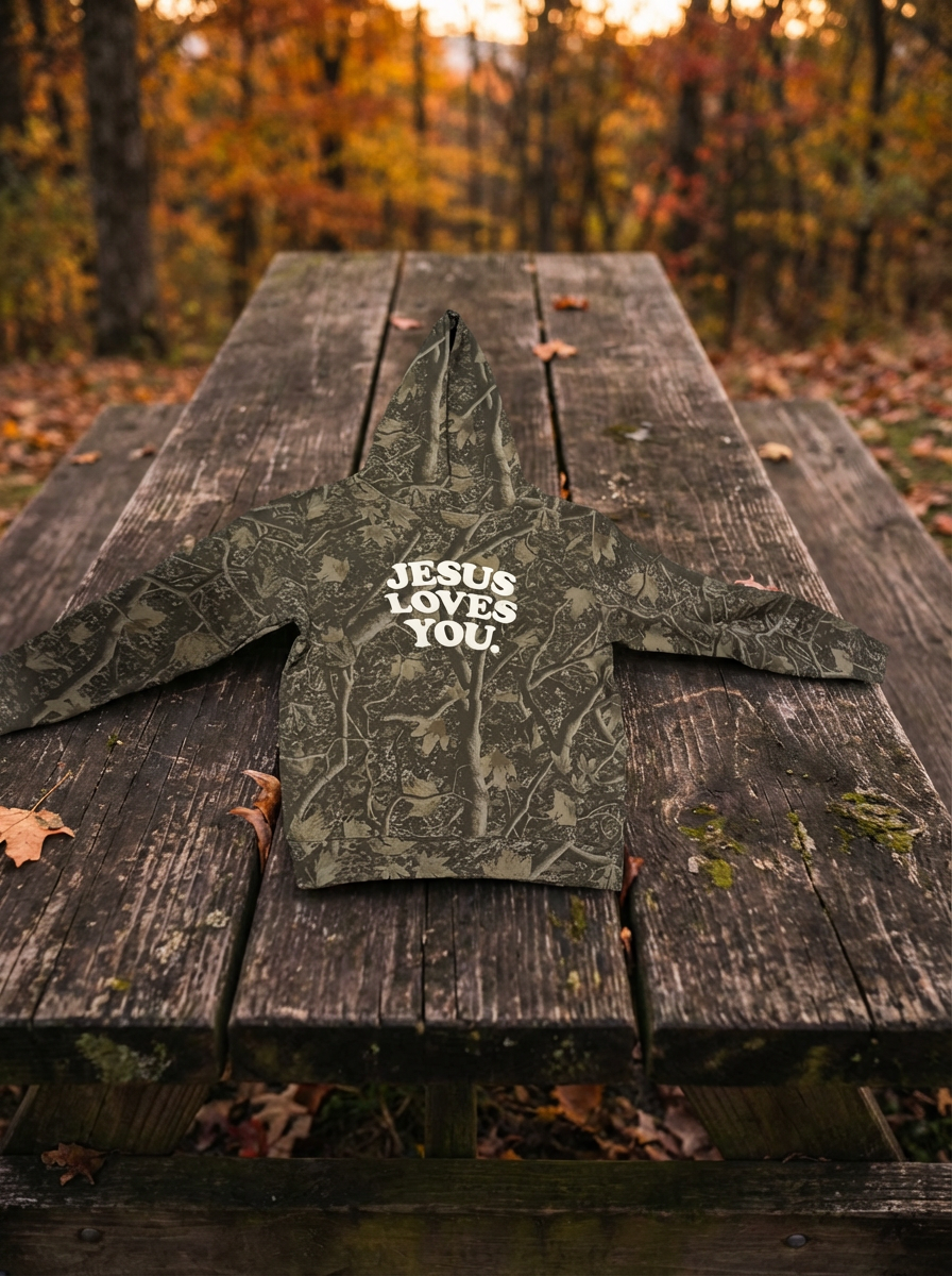 Youth Jesus Loves You Hoodie - Deadwood Camo