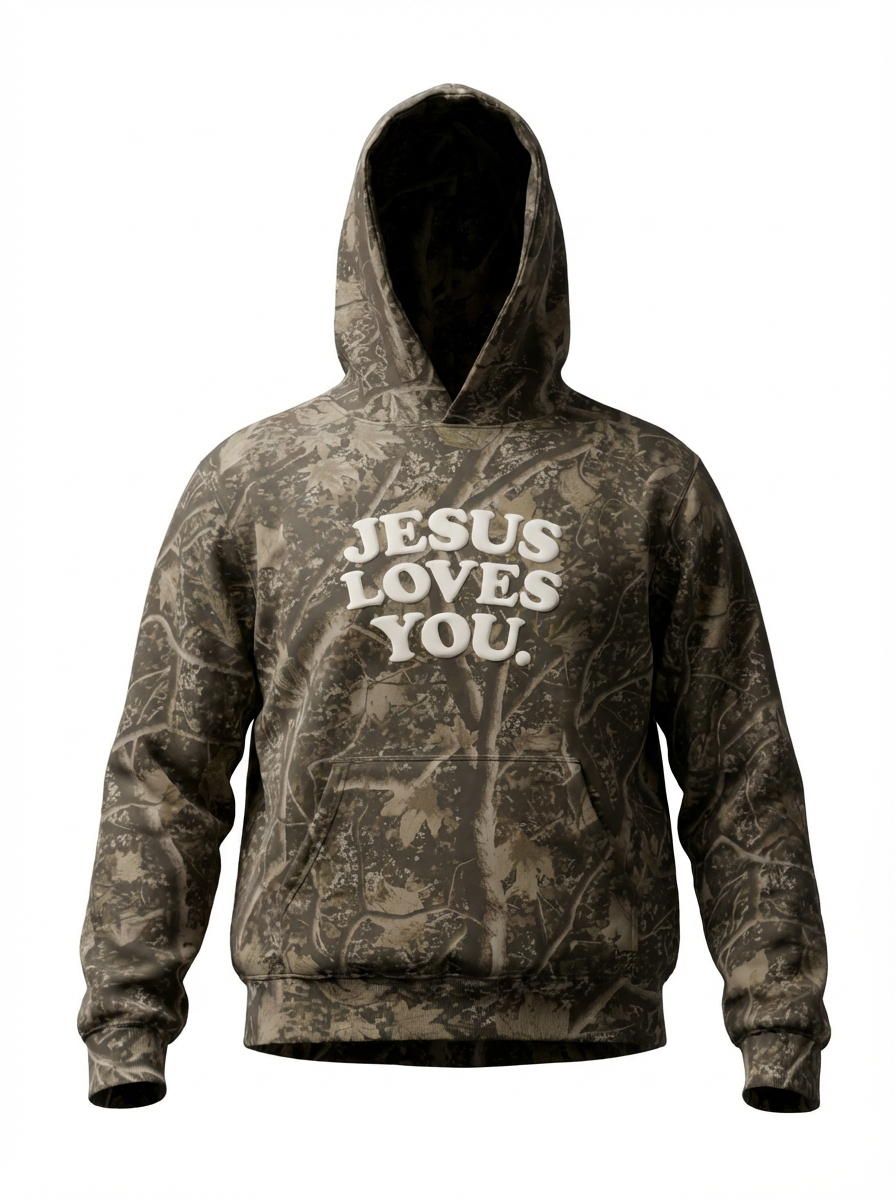 Youth Jesus Loves You Hoodie - Deadwood Camo