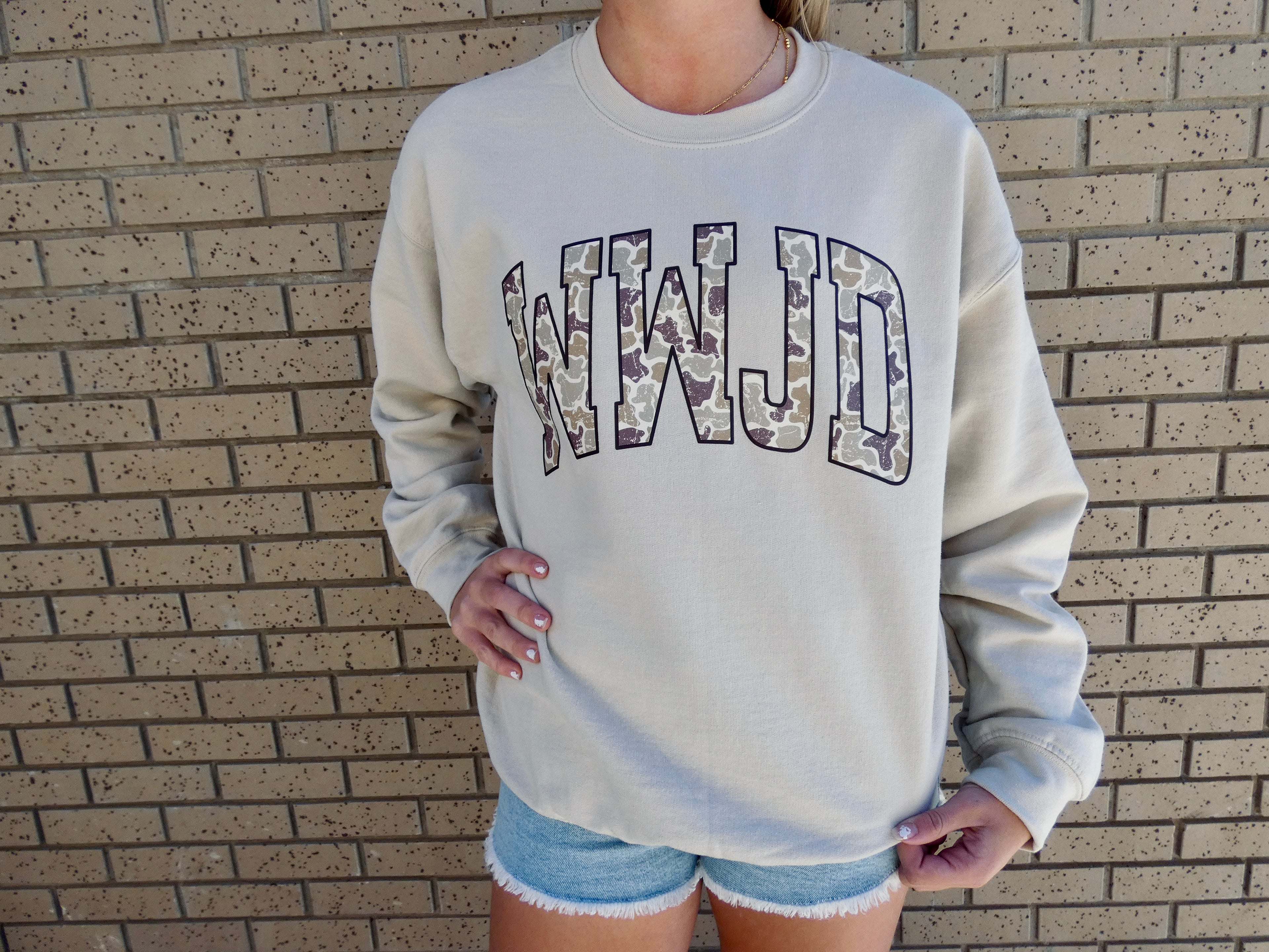 Camo Print WWJD Sweatshirt - Sand